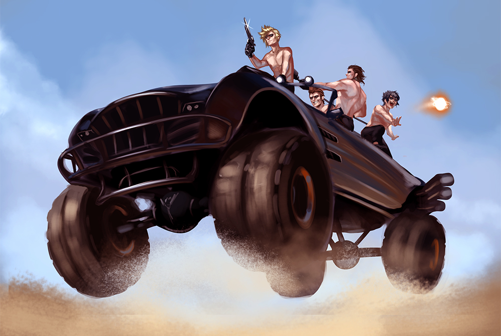 4boys amano-g car driving final_fantasy final_fantasy_xv gladiolus_amicitia ground_vehicle gun handgun ignis_scientia mad_max male_focus motor_vehicle multiple_boys noctis_lucis_caelum parody pistol prompto_argentum shirtless sunglasses weapon