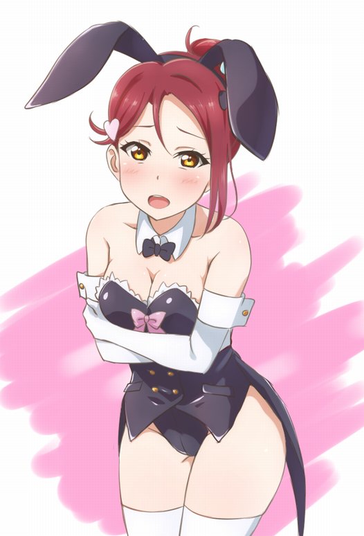 1girl animal_ears bare_shoulders blush bow bowtie breasts bunny_girl bunnysuit cleavage detached_collar elbow_gloves fake_animal_ears gloves hair_bun hair_ornament hairclip looking_at_viewer love_live! love_live!_sunshine!! medium_breasts open_mouth rabbit_ears redhead sakurauchi_riko solo turkey_min white_legwear yellow_eyes