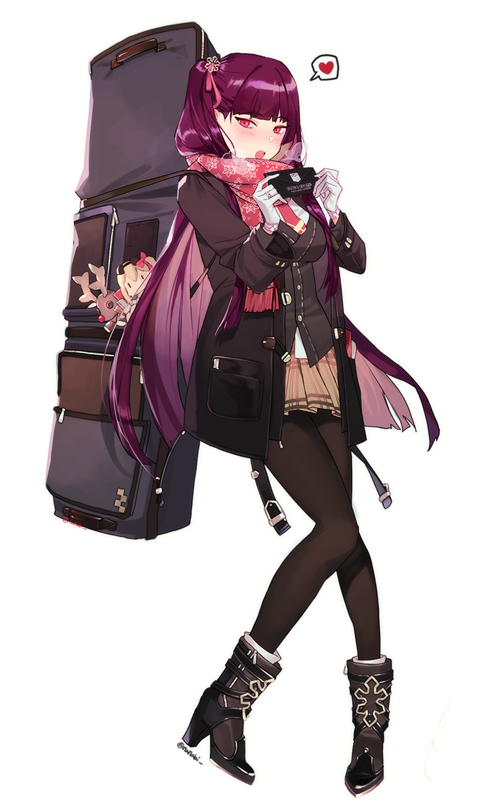 1girl ankle_boots bag_charm belt_buckle black_coat black_footwear black_legwear blush boots breasts breath brown_skirt buckle charm_(object) coat duffel_coat enpera eyebrows_visible_through_hair full_body girls_frontline gloves heart high_heel_boots high_heels holding_letter letter long_hair long_sleeves looking_at_viewer medium_breasts miniskirt necktie open_clothes open_coat pantyhose pigeon-toed pink_eyes plaid plaid_skirt pleated_skirt purple_hair red_neckwear scarf school_uniform serafuku side_ponytail skirt sobi_(dnenqkswja) speech_bubble spoken_heart standing straight_hair tsurime twitter_username unbuckled_belt very_long_hair wa2000_(girls_frontline) weapon_bag white_gloves