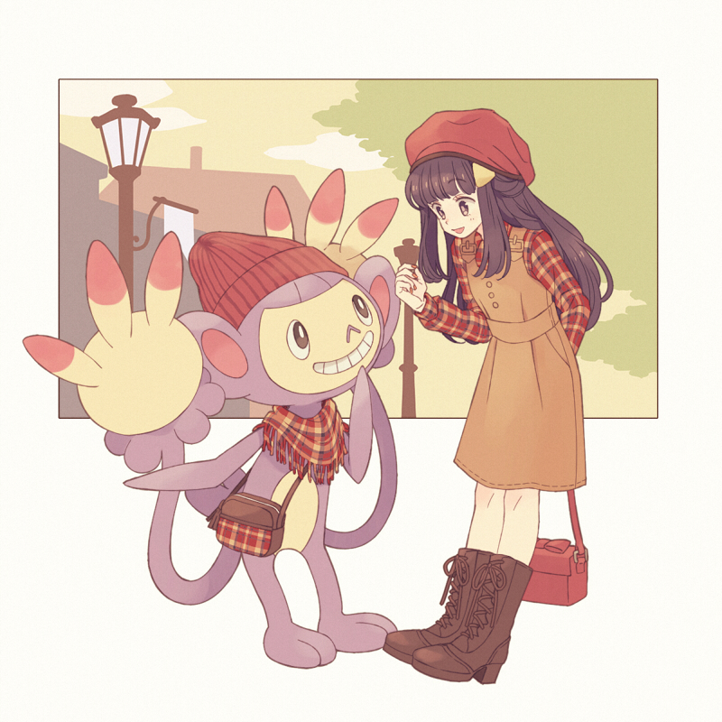 1girl ambipom arm_behind_back bag bangs beanie black_hair blunt_bangs blush boots bright_pupils brown_dress brown_footwear clouds cross-laced_footwear dress eyebrows_visible_through_hair fringe grin hair_ornament hairclip handbag hat hikari_(pokemon) holding_bag knee_boots komasawa_(fmn-ppp) lace-up_boots lamppost long_hair long_sleeves multiple_tails nail_polish outside_border pinafore_dress plaid plaid_shirt pokemon pokemon_(creature) pokemon_(game) pokemon_dppt red_hat red_nails red_scarf red_shirt scarf shirt shoulder_bag sidelocks smile standing tail tareme teeth two_tails violet_eyes white_background yellow_sky