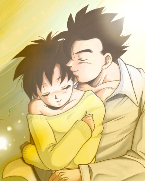 1boy 1girl black_hair closed_eyes couple dragon_ball dragonball_z happy hetero long_sleeves masa_(p-piyo) shirt short_hair simple_background smile son_gohan videl white_shirt yellow_background yellow_shirt