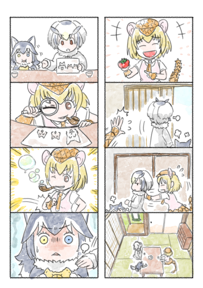 3girls child_drawing comic giant_armadillo_(kemono_friends) grey_wolf_(kemono_friends) heterochromia highres kemono_friends laughing magnifying_glass multiple_girls murakami_rei northern_white-faced_owl_(kemono_friends) pipe silent_comic tomato younger