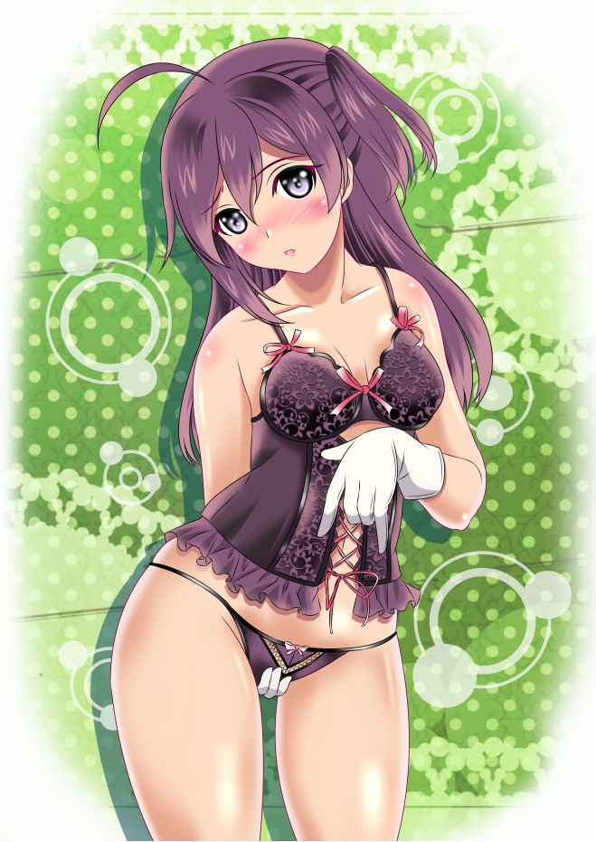 1girl ahoge aka_kitsune black_bra black_panties blush bra breasts cleavage collarbone commentary_request corset gloves grey_eyes hagikaze_(kantai_collection) hand_on_own_ass kantai_collection long_hair looking_at_viewer medium_breasts one_side_up panties parted_lips purple_hair solo standing underwear white_gloves