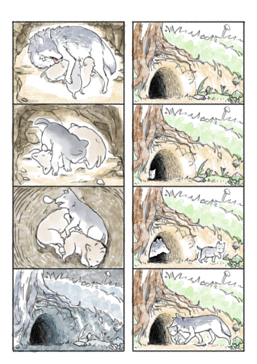 animal cave comic commentary_request grey_wolf highres kemono_friends murakami_rei nature no_humans nose_bubble outdoors silent_comic sleeping tree wolf wolf_cub