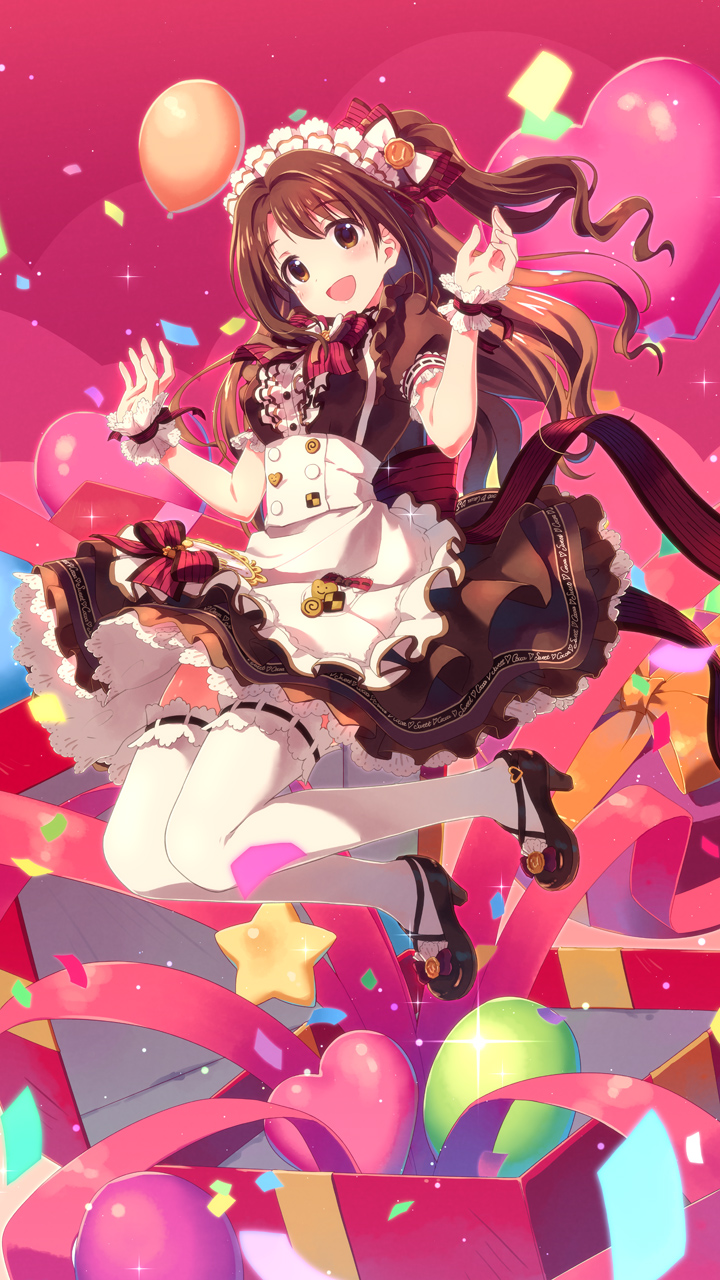 1girl :d apron balloon bangs blush bow box breasts brown_dress brown_eyes brown_footwear brown_hair center_opening confetti dress eyebrows_visible_through_hair frilled_sleeves frills full_body hair_bow hands_up heart_balloon high_heels highres idolmaster idolmaster_cinderella_girls jumping long_hair looking_at_viewer maid_headdress medium_breasts motion_blur one_side_up open_mouth puffy_short_sleeves puffy_sleeves red_bow ribbon-trimmed_legwear ribbon-trimmed_sleeves ribbon_trim shimamura_uzuki shoes short_sleeves smile sparkle striped striped_bow tareme thigh-highs w_arms waist_apron white_legwear wrist_cuffs yuuki_tatsuya