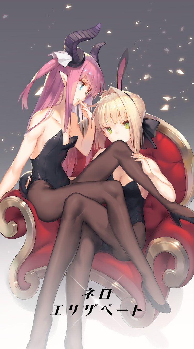 2girls ahoge armchair bare_shoulders blonde_hair blue_eyes bow breasts brown_legwear chair cleavage facing_away fate/extra fate/extra_ccc fate_(series) gradient gradient_background green_eyes hair_bow hair_intakes hand_to_own_mouth head_tilt high_heels highres horns lancer_(fate/extra_ccc) legs_crossed leotard long_hair looking_at_another looking_at_viewer medium_breasts multiple_girls pantyhose pink_hair pointy_ears ritsuki saber_extra short_hair sidelocks simple_background sitting small_breasts smelling_hair tail two_side_up