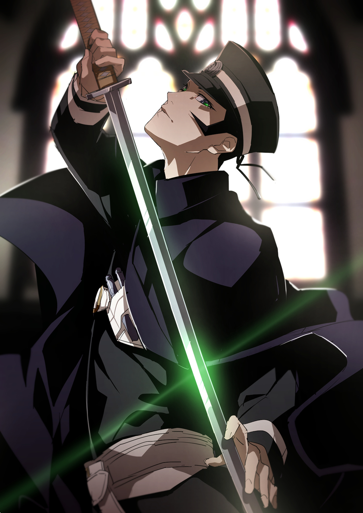 1boy black_hair cape devil_summoner from_side glowing glowing_eyes hat holding holding_sword holding_weapon kamizawa_(sark) kuzunoha_raidou male_focus shin_megami_tensei sideburns solo sword weapon