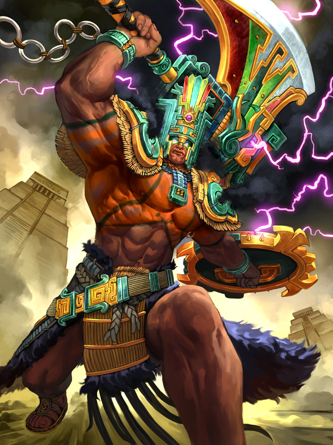 1boy abs axe bracelet chaac_(smite) clouds cloudy_sky crown dark_skin electricity glowing glowing_eyes jewelry male_focus navel official_art piercing sandals shield shirtless simon_eckert sky smite solo tattoo teeth violet_eyes