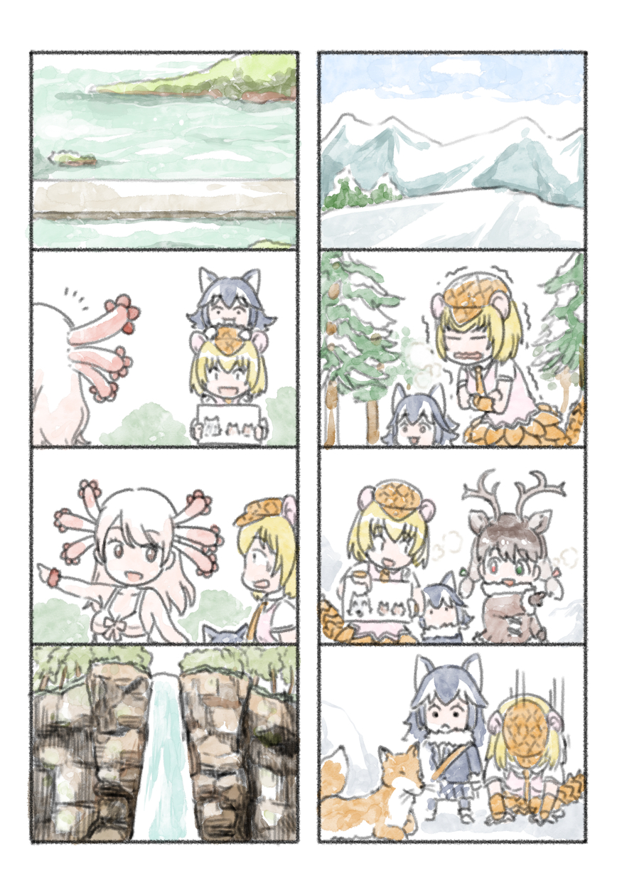 4girls animal animal_ears axolotl_(kemono_friends) comic fox giant_armadillo_(kemono_friends) grey_wolf_(kemono_friends) highres kemono_friends mexico_salamander_(kemono_friends) multiple_girls murakami_rei reindeer_(kemono_friends) silent_comic water waterfall wolf_ears younger