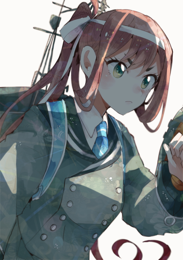 1girl asagumo_(kantai_collection) brown_hair green_eyes headband itomugi-kun kantai_collection long_hair serious solo white_headband