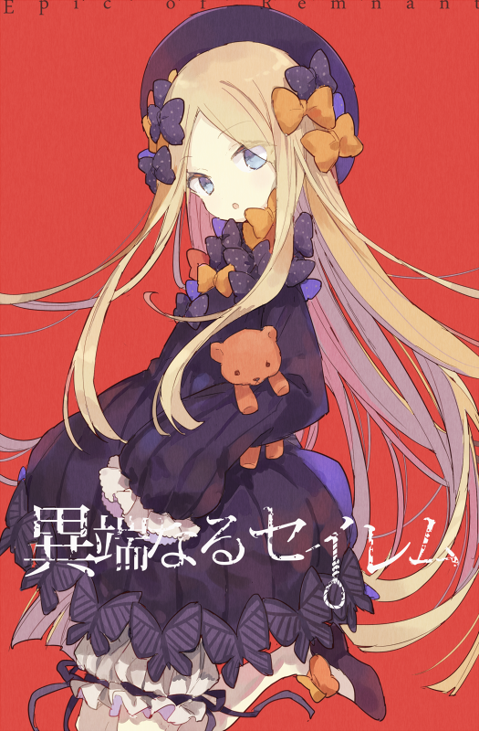 1girl :o black_bow black_dress black_footwear black_hat blonde_hair bloomers blue_eyes bow butterfly commentary_request dress fate/grand_order fate_(series) from_side hair_bow hands_in_sleeves hat head_tilt long_hair long_sleeves looking_at_viewer looking_to_the_side object_hug orange_bow parted_lips phoenix0 polka_dot polka_dot_bow red_background salem_(fate/grand_order) shoes simple_background solo stuffed_animal stuffed_toy teddy_bear translation_request underwear very_long_hair white_bloomers
