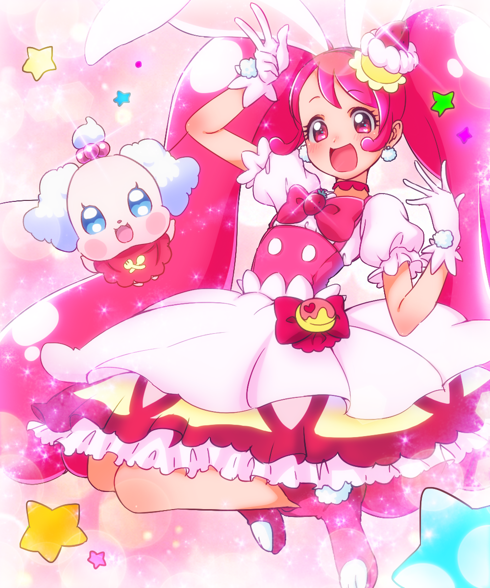 1girl :d animal_ears blue_eyes bow cake_hair_ornament choker creature cure_whip dress food_themed_hair_ornament full_body gloves hair_ornament happy highres jumping kirakira_precure_a_la_mode long_hair looking_at_viewer magical_girl open_mouth pekorin_(precure) pink_background pink_bow pink_eyes pink_footwear pink_hair pink_neckwear precure rabbit_ears ryochi_(pon1015) shoes smile sparkle star twintails usami_ichika white_dress white_gloves