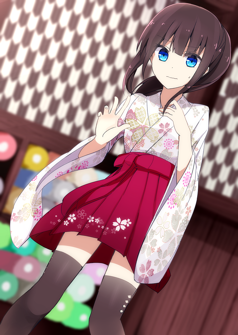 1girl aa_(sin2324) bangs black_legwear blue_eyes blurry blurry_background brown_hair closed_mouth commentary_request depth_of_field dutch_angle eyebrows_visible_through_hair fingernails floral_print hakama hakama-chan_(aa) indoors japanese_clothes kimono long_sleeves looking_at_viewer original print_kimono purple_hakama short_kimono solo sweatdrop thigh-highs wavy_mouth white_kimono wide_sleeves