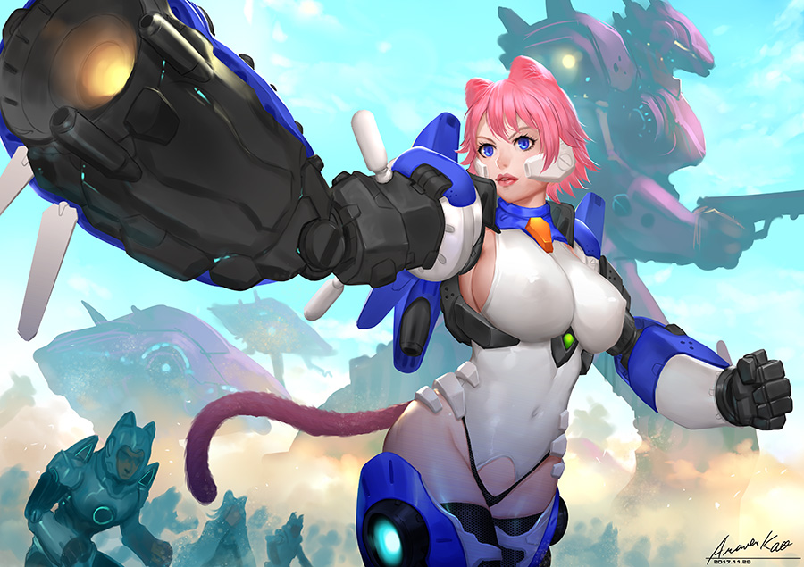 animal_ears ariverkao armor battle blue_eyes breasts cat_ears cat_tail covered_navel gun large_breasts leotard lips mecha multiple_boys multiple_girls original pink_hair short_hair signature skin_tight sky solo_focus tail thigh-highs weapon
