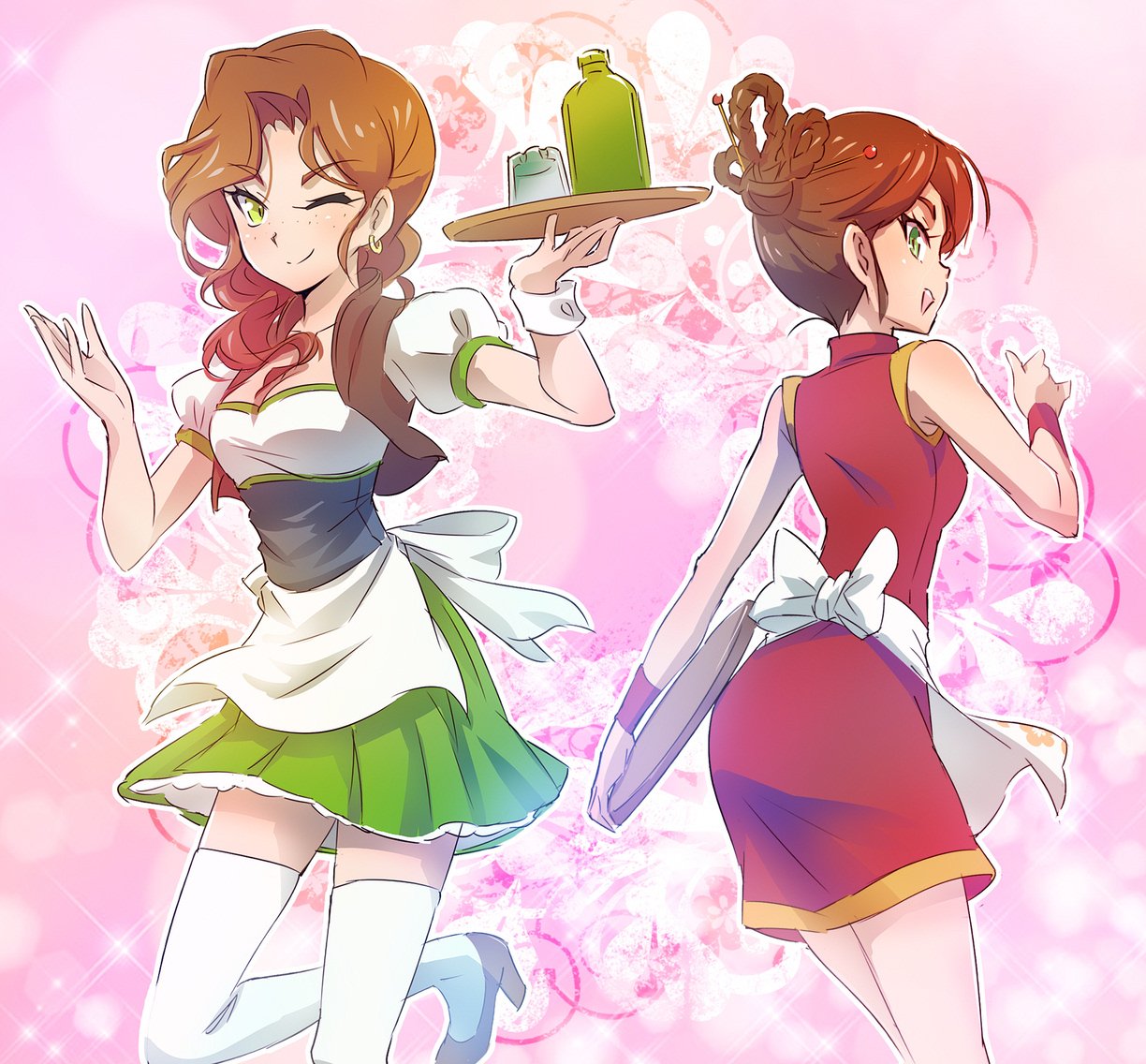 2girls apron bottle brown_hair china_dress chinese_clothes dress earrings floral_background freckles glass green_eyes higanbana_waitress iesupa jewelry multiple_girls one_eye_closed rwby tray waitress