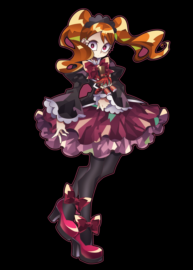 1girl biburi_(precure) black_background black_blouse black_hairband black_legwear blouse bow brown_hair brown_hat character_doll cure_chocolat expressionless full_body fusion hairband hat holding_doll kirakira_precure_a_la_mode long_hair looking_at_viewer ninomae pantyhose precure purple_skirt red_bow red_eyes red_footwear redhead shoes simple_background skirt solo standing top_hat twintails usami_ichika wide-eyed