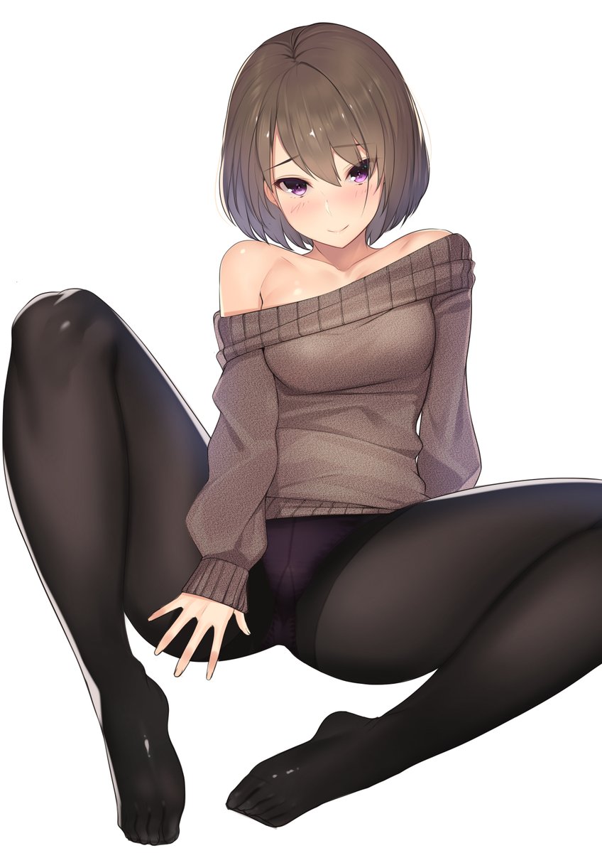 1girl arm_behind_back arm_support bare_shoulders black_legwear breasts brown_hair brown_sweater closed_mouth collarbone eyebrows_visible_through_hair feet gusset highres kagematsuri long_sleeves looking_at_viewer medium_breasts no_pants no_shoes off-shoulder_sweater original panties panties_under_pantyhose pantyhose pink_panties purple_panties short_hair simple_background sitting sleeves_past_wrists smile solo spread_legs sweater thighband_pantyhose toes underwear violet_eyes white_background