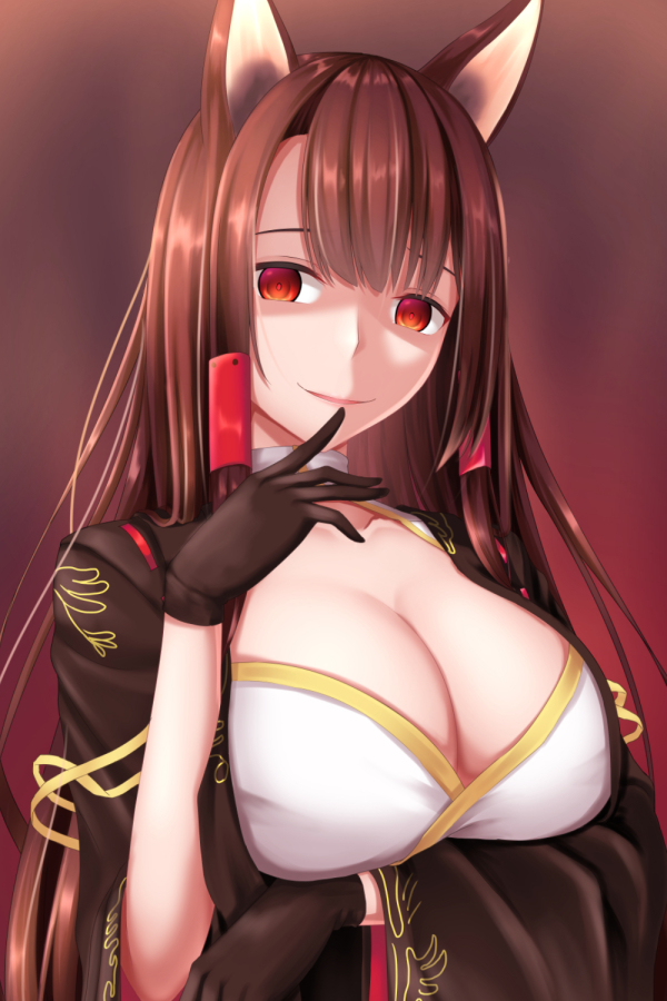 1girl akagi_(azur_lane) animal_ears azur_lane black_gloves black_hair breasts cleavage commentary_request empty_eyes fox_ears gloves hands_on_own_cheeks hands_on_own_face japanese_clothes large_breasts long_hair looking_at_viewer red_eyes smile solo tapisuke upper_body yandere