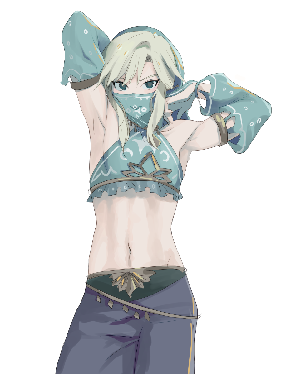 1boy alternate_costume arabian_clothes armlet armpits blonde_hair blue_eyes bridal_gauntlets circlet crossdressinging detached_sleeves earrings gerudo_link harem_pants highres jewelry link looking_at_viewer male_focus midriff navel pants pointy_ears simple_background smile solo stomach the_legend_of_zelda the_legend_of_zelda:_breath_of_the_wild trap veil white_background