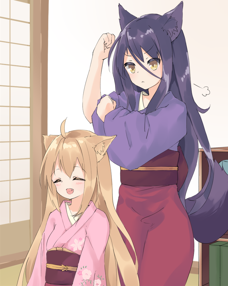 2girls :d ahoge animal_ears bangs blush closed_eyes eyebrows_visible_through_hair fang floral_print fox_ears fox_girl fox_tail hair_between_eyes hamaru_(s5625t) indoors japanese_clothes kimono konohana_kitan light_brown_hair long_hair long_sleeves multiple_girls obi open_mouth pink_kimono print_kimono purple_hair purple_kimono red_skirt sash satsuki_(konohana_kitan) sitting skirt sleeves_pushed_up sliding_doors smile standing tail very_long_hair wide_sleeves yellow_eyes yuzu_(konohana_kitan)