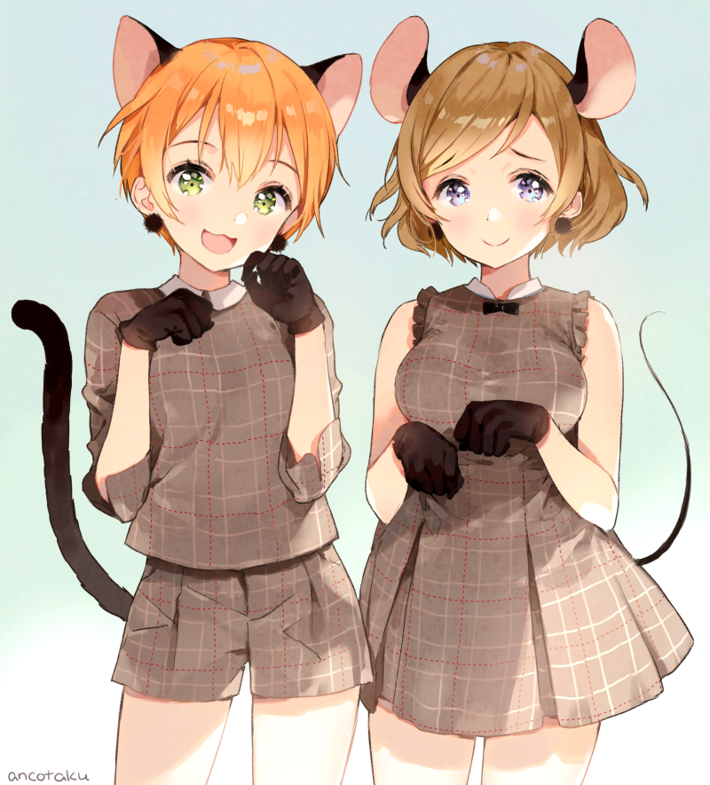 2girls :3 :d anco_(melon85) animal_ears artist_name black_gloves blue_background brown_hair cat_tail cowboy_shot dress gloves green_eyes hoshizora_rin koizumi_hanayo looking_at_viewer love_live! love_live!_school_idol_project mouse_ears mouse_tail multiple_girls open_mouth orange_hair paw_pose plaid plaid_dress plaid_shirt plaid_shorts pom_pom_earrings shirt short_hair shorts sleeveless sleeveless_dress smile tail violet_eyes