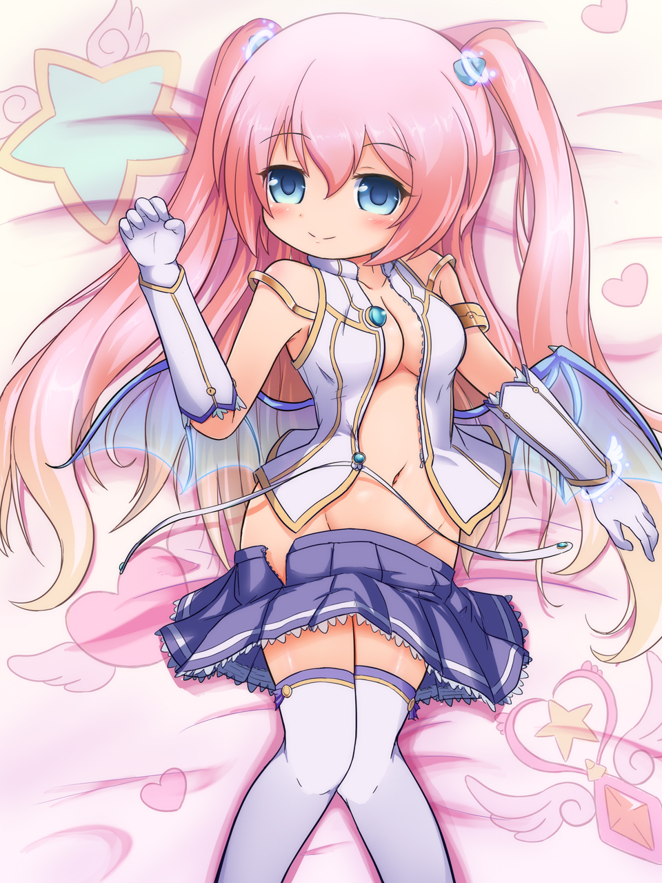 1girl angelic_buster bangs bare_shoulders bat_wings bed_sheet blue_eyes blue_wings blush breasts cleavage closed_mouth collarbone commentary_request detached_sleeves eyebrows_visible_through_hair gloves groin hair_between_eyes hand_up heart highres horns knees_together_feet_apart long_hair looking_at_viewer low_wings lying maplestory medium_breasts navel nekono_rin no_panties on_back open_clothes open_shirt open_skirt pleated_skirt purple_skirt shirt skirt skirt_pull sleeveless sleeveless_shirt smile solo star thigh-highs transparent_wings two_side_up very_long_hair white_gloves white_legwear white_shirt winged_heart wings zipper