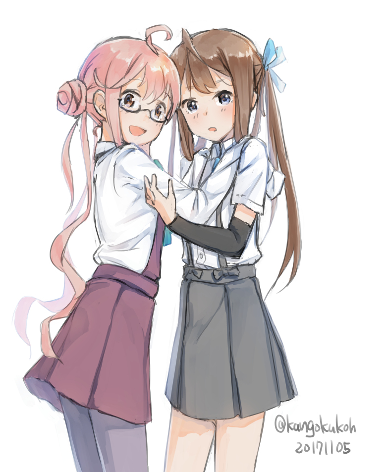 2girls ahoge arm_warmers asagumo_(kantai_collection) brown_hair cowboy_shot dated double_bun glasses grey_eyes grey_legwear grey_skirt hair_ribbon halterneck hug kangoku_kou kantai_collection long_hair long_sleeves looking_at_viewer makigumo_(kantai_collection) multiple_girls open_mouth orange_eyes pantyhose pink_hair pleated_skirt ribbon school_uniform shirt simple_background skirt sleeves_past_wrists suspenders twintails twitter_username white_background white_shirt