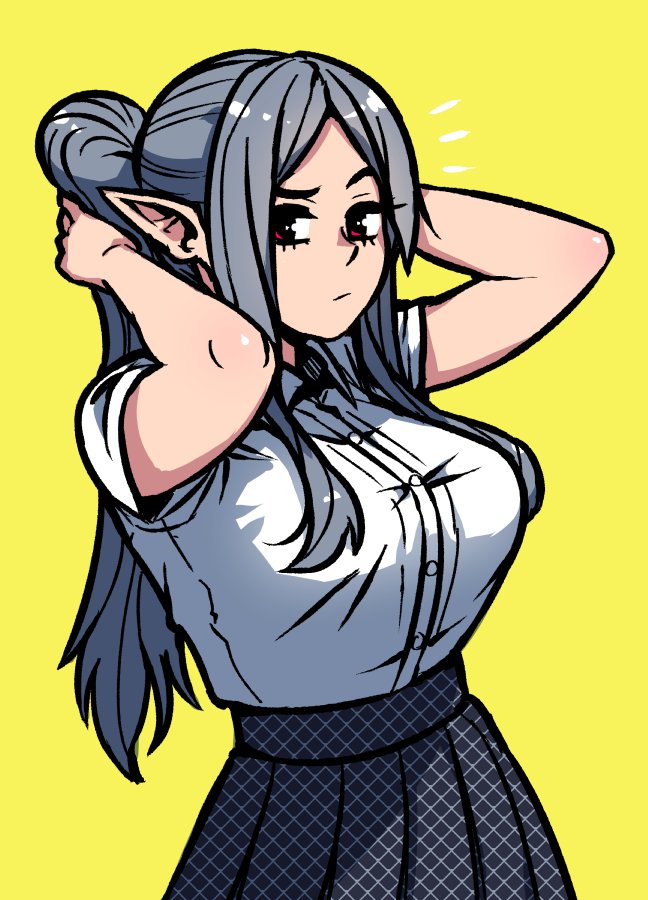 1girl akairiot bangs breasts commentary elf grey_hair grey_skirt large_breasts long_hair looking_at_viewer office_lady original parted_bangs pleated_skirt pointy_ears ponytail red_eyes shirt short_sleeves sidelocks skirt solo taut_clothes taut_shirt unmoving_pattern upper_body yellow_background