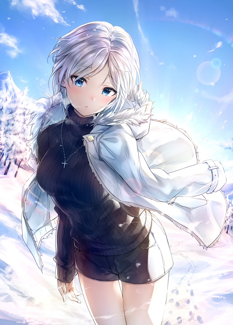 1girl :o anastasia_(idolmaster) bangs black_shorts black_sweater blush breasts breath coat cross cross_necklace day earrings eyebrows_visible_through_hair footprints fur-trimmed_coat fur_trim head_tilt hood hood_down hooded_coat idolmaster idolmaster_cinderella_girls jacket_on_shoulders jewelry lens_flare long_sleeves looking_at_viewer medium_breasts necklace outdoors parted_bangs parted_lips pendant ribbed_sweater short_hair shorts silver_hair sleeves_past_wrists solo sweater takeashiro thigh_gap tree tsurime turtleneck turtleneck_sweater winter winter_clothes winter_coat