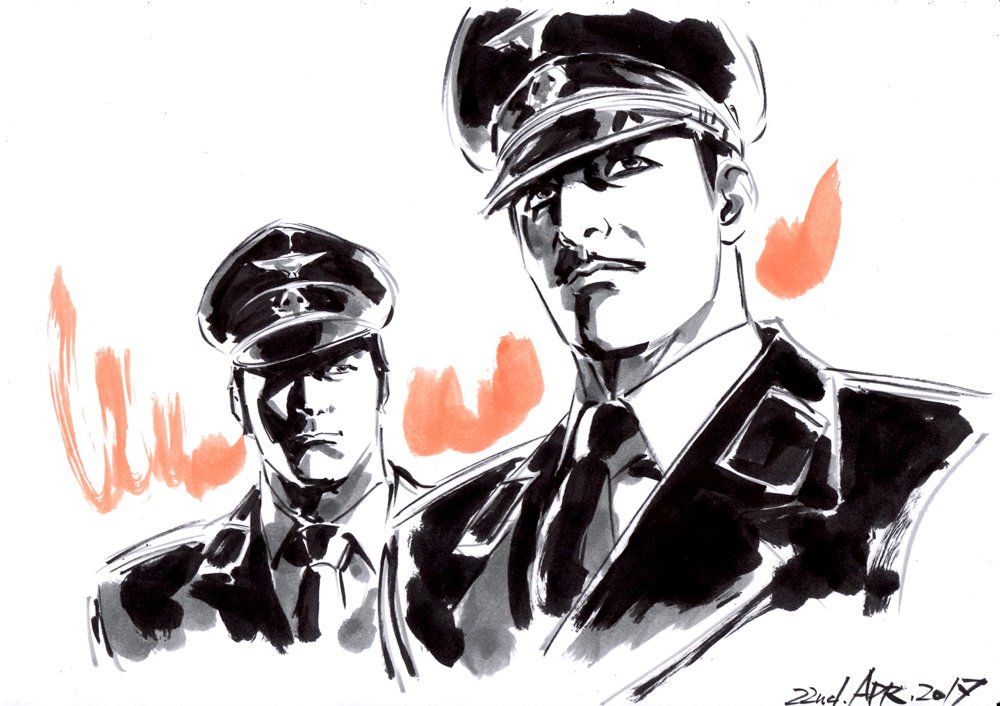 2boys character_request commentary_request daitetsujin_17 dated facial_hair greyscale hat hayama_jun'ichi male_focus monochrome multiple_boys mustache necktie police police_hat police_uniform spot_color uniform