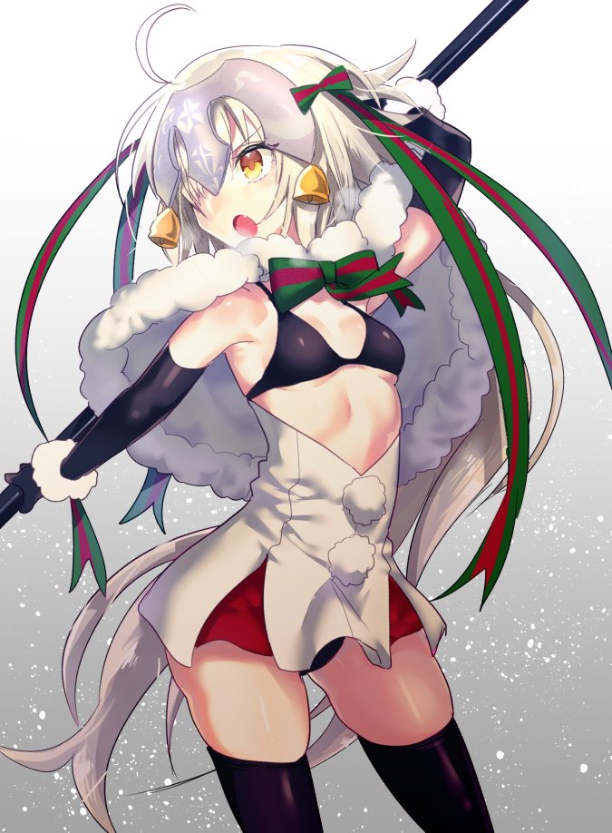1girl ahoge bell blonde_hair breasts cape elbow_gloves fate/grand_order fate_(series) fur-trimmed_cape fur_trim gloves gluteal_fold hair_over_one_eye headpiece jeanne_alter_(santa_lily)_(fate) jeanne_d'arc_(fate)_(all) jeanne_d'arc_alter_santa_lily makita_(homosapiensu) skindentation skirt small_breasts solo thigh-highs thighs yellow_eyes