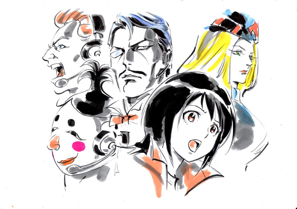 2girls 3boys black_hair blonde_hair blush_stickers expressionless facial_hair fujii_daisuke fukuwara_mask green_eyes hat hayama_jun'ichi headset marker_(medium) mask miss_x_(tiger_mask) monocle mr._x_(tiger_mask) multiple_boys multiple_girls mustache open_mouth orange_eyes takaoka_haruna tiger_mask_(series) tiger_mask_w traditional_media