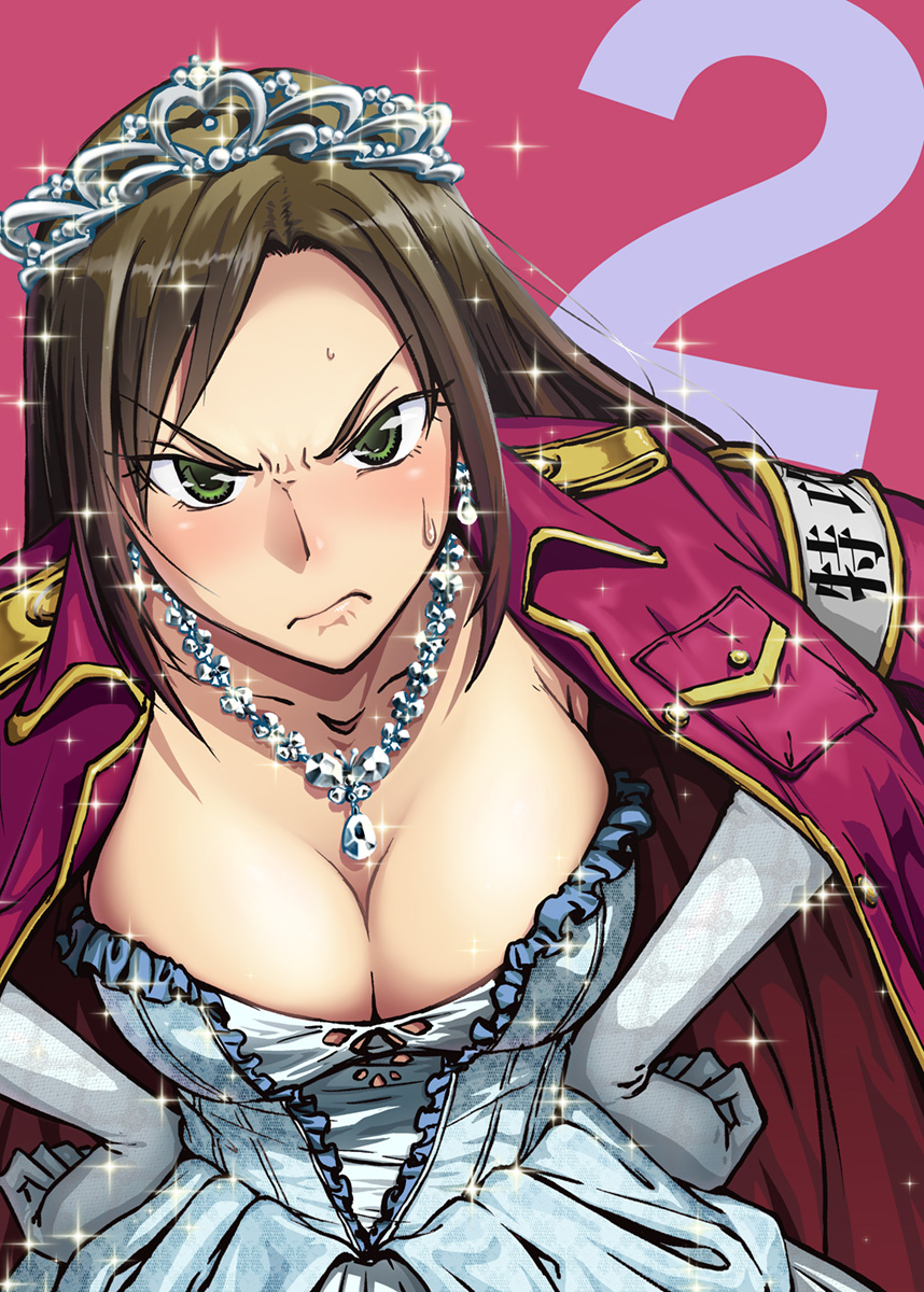 1girl black_hair blush breasts brown_eyes cleavage cover cover_page doujin_cover dress highres idolmaster idolmaster_cinderella_girls idolmaster_cinderella_girls_starlight_stage jacket jewelry kawamura_kazuma large_breasts long_hair mukai_takumi necklace solo tiara