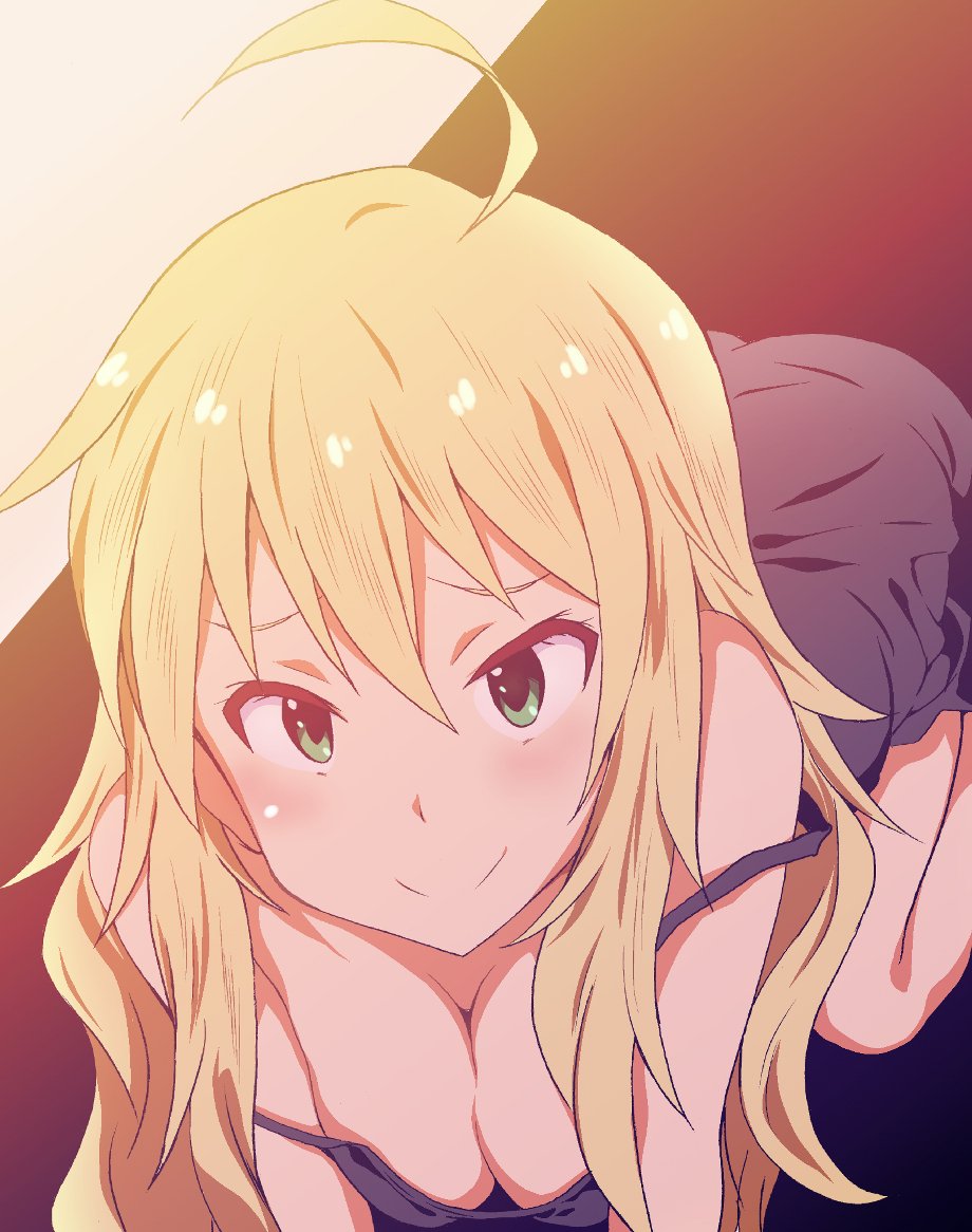 1girl ahoge all_fours bare_shoulders black_dress blonde_hair blush breasts cleavage closed_mouth dress green_eyes hair_between_eyes hoshii_miki idolmaster long_hair looking_at_viewer medium_breasts no.gomensu off_shoulder smile solo spaghetti_strap strap_slip
