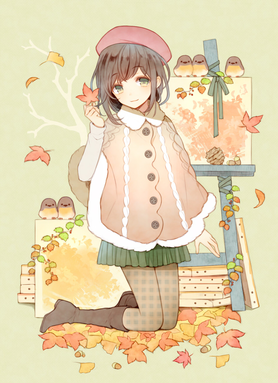 1girl aran_sweater autumn_leaves beret blush boots brown_footwear brown_hair canvas_(object) capelet closed_mouth full_body green_eyes green_skirt hand_up hat highres knee_boots kneeling kuroyuki leaf light_smile looking_at_viewer maple_leaf miniskirt original pantyhose plaid skirt smile solo sweater unmoving_pattern