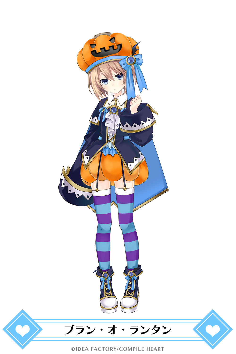 1girl bat_wings blanc blue_eyes blue_jacket blue_ribbon bow brown_hair cape company_name garter_straps hair_ribbon halloween halloween_costume hat highres jacket jewelry long_sleeves looking_at_viewer neptune_(series) pumpkin_hat pumpkin_skirt raised_fist ribbon shoes short_hair simple_background solo striped striped_legwear thigh-highs white_background wings