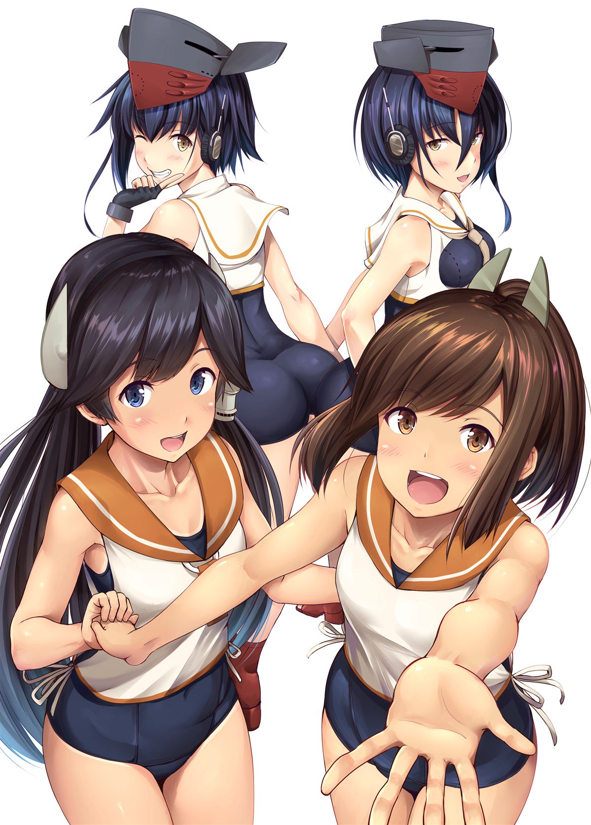 4girls ass bare_arms bare_shoulders blush brown_eyes brown_hair collarbone cowboy_shot highres i-13_(kantai_collection) i-14_(kantai_collection) i-400_(kantai_collection) ichikawa_feesu kantai_collection multiple_girls outstretched_arm palms reaching_out short_hair simple_background standing white_background
