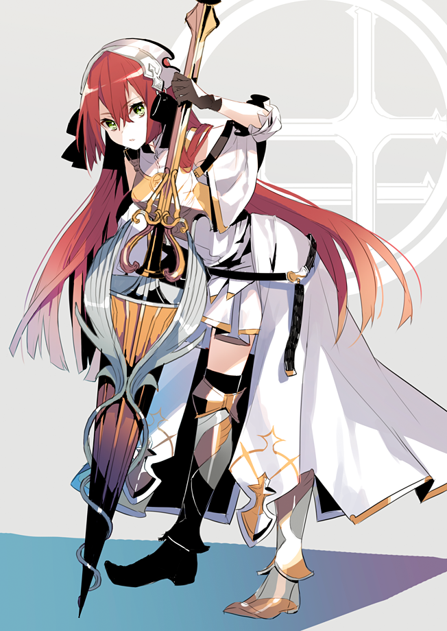 1girl armor armored_dress black_gloves black_legwear boots breastplate closed_mouth dress eihi eyebrows_visible_through_hair gloves green_eyes hair_between_eyes holding holding_weapon lance leaning_forward long_hair long_sleeves looking_at_viewer polearm redhead solo thigh-highs very_long_hair weapon white_dress