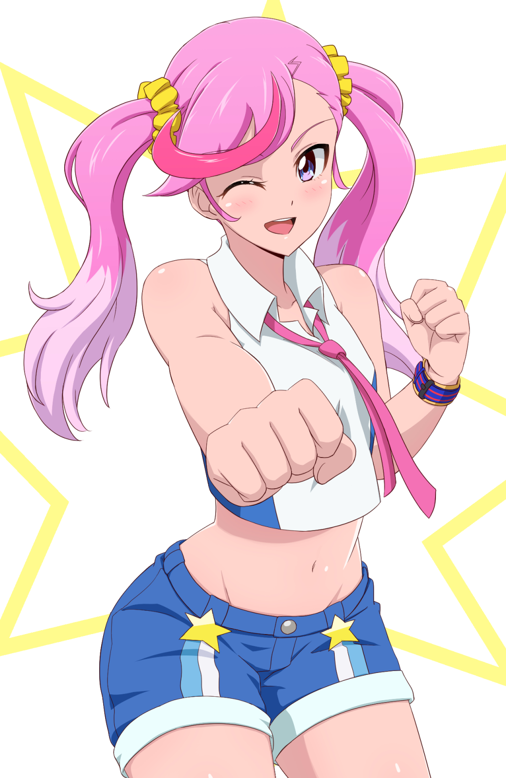 ;d acchi_(koiyimknp) bare_shoulders blue_shorts clenched_hand crop_top digimon digimon_universe:_appli_monsters highres karan_eri midriff multicolored_hair one_eye_closed open_mouth pink_eyes pink_hair scrunchie shirt shorts sleeveless sleeveless_shirt smile star twintails two-tone_hair