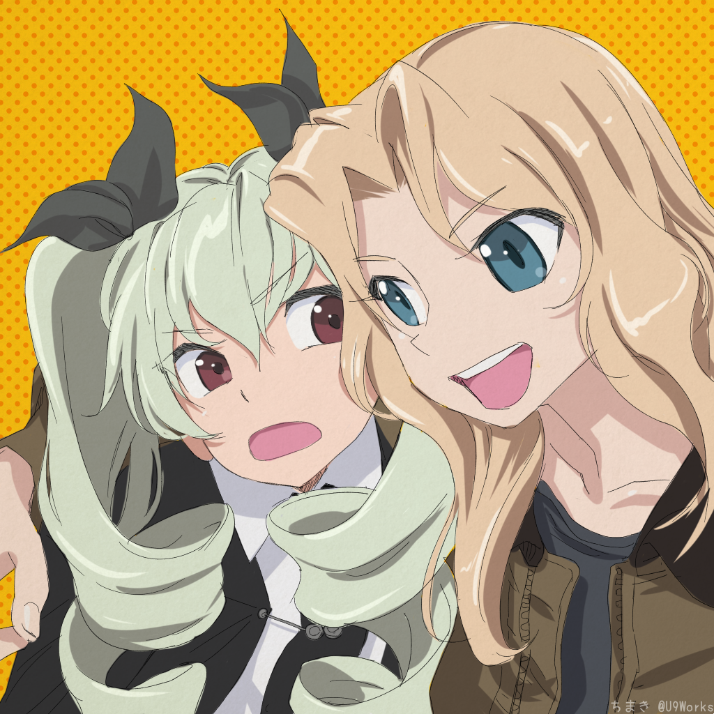 2girls :d anchovy anzio_school_uniform arm_around_shoulders artist_name black_ribbon blonde_hair blue_eyes bomber_jacket brown_eyes chimaki_(u9works) d: drill_hair eyebrows_visible_through_hair girls_und_panzer green_hair jacket kay_(girls_und_panzer) long_hair multiple_girls open_mouth polka_dot polka_dot_background ribbon saunders_school_uniform smile twintails twitter_username upper_body yellow_background