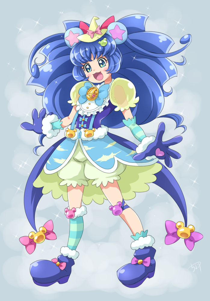 1girl :d animal_ears bear_ears bloomers blue_background blue_bow blue_eyes blue_footwear blue_hair blue_legwear blush bow brooch chocokin cure_gelato cure_mofurun full_body fusion hat hat_bow jewelry kirakira_precure_a_la_mode kneehighs long_hair magical_girl mahou_girls_precure! mini_hat mini_witch_hat open_mouth pink_bow precure puffy_sleeves see-through shoes simple_background single_kneehigh smile solo sparkle standing striped striped_legwear underwear witch_hat yellow_hat