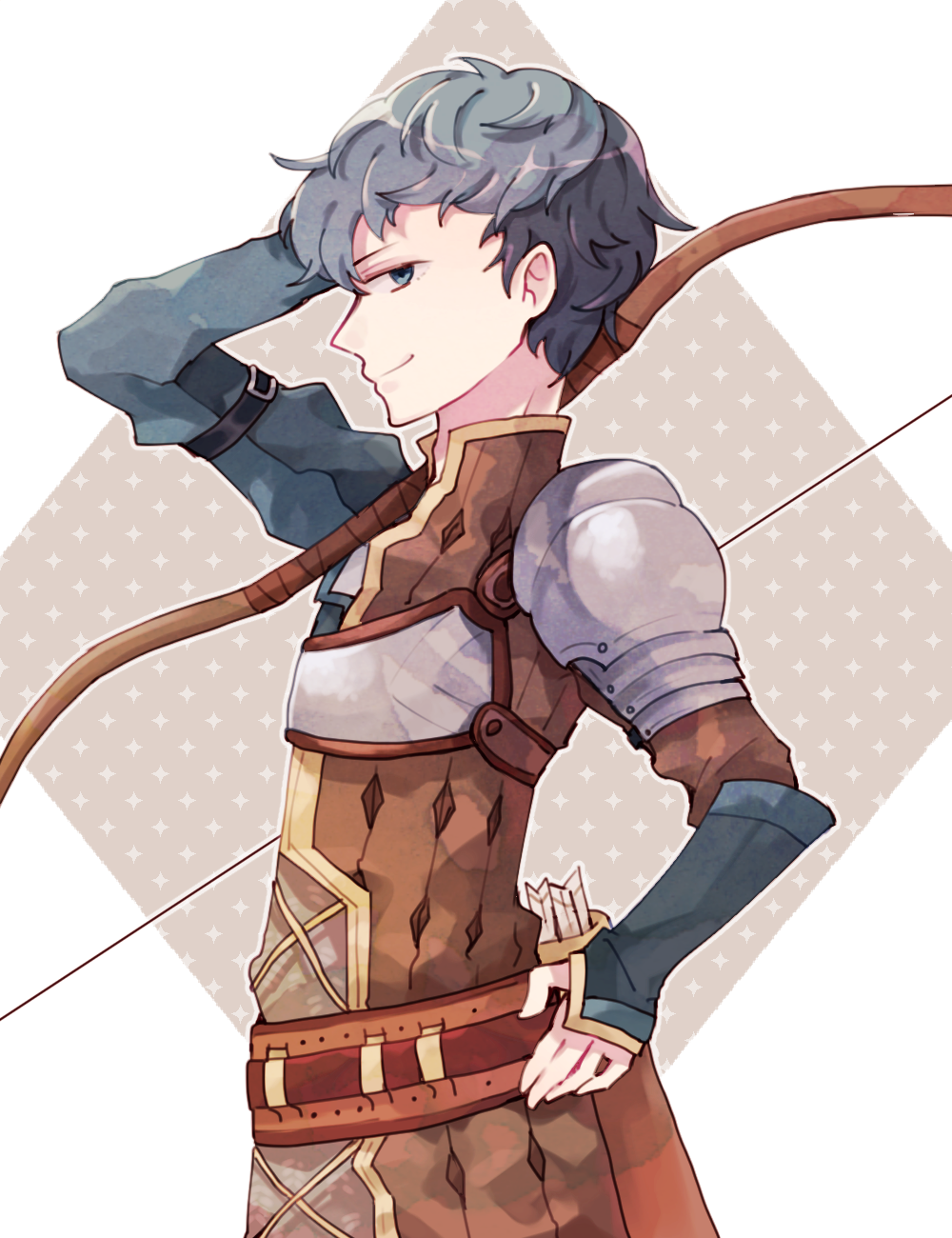 1boy armor arrow blue_eyes blue_hair bow_(weapon) fire_emblem fire_emblem_echoes:_mou_hitori_no_eiyuuou highres male_focus paison quiver simple_background sisuko1016 solo upper_body weapon white_background