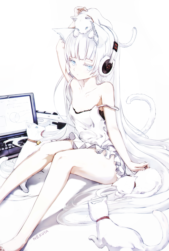 1girl animal animal_ears animal_on_head arm_up artist_name awp_(girls_frontline) bangs bare_shoulders blue_eyes blunt_bangs cat cat_ears cat_tail computer dyolf girls_frontline gun headphones laptop long_hair looking_at_viewer on_head pale_skin rifle signature simple_background sitting sniper_rifle solo strap_slip tail weapon white_background white_hair