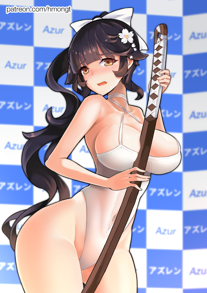 1girl ass azur_lane between_breasts black_hair blush breasts brown_eyes cleavage flower hair_flower hair_ornament hair_ribbon highleg highleg_swimsuit large_breasts long_hair looking_at_viewer navel one-piece_swimsuit open_mouth phandit_thirathon ponytail ribbon solo standing swimsuit sword takao_(azur_lane) watermark weapon web_address white_swimsuit wooden_sword