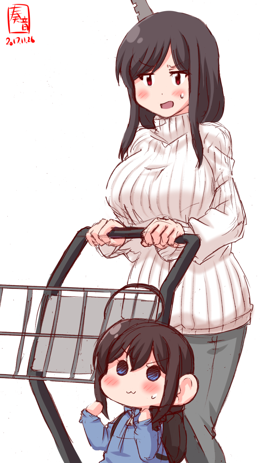 2girls alternate_costume bag black_hair blue_eyes blush braid breasts dated hair_flaps hair_ornament hair_over_shoulder headgear highres jacket kanon_(kurogane_knights) kantai_collection large_breasts logo long_sleeves multiple_girls open_mouth pants red_eyes shigure_(kantai_collection) shopping_cart single_braid sweatdrop sweater turtleneck turtleneck_sweater white_sweater yamashiro_(kantai_collection) younger zipper