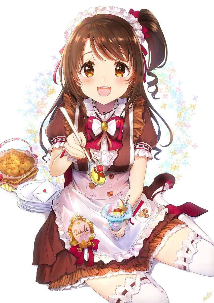 1girl :d alternate_costume apron basket blush bow brown_footwear brown_skirt cherry cookie enmaided envelope food fruit full_body highres idolmaster idolmaster_cinderella_girls idolmaster_cinderella_girls_starlight_stage long_hair looking_at_viewer maid maid_apron omelet_tomato open_mouth parfait plate puffy_short_sleeves puffy_sleeves shimamura_uzuki short_sleeves side_ponytail sitting skirt smile solo spoon thigh-highs thighs white_legwear