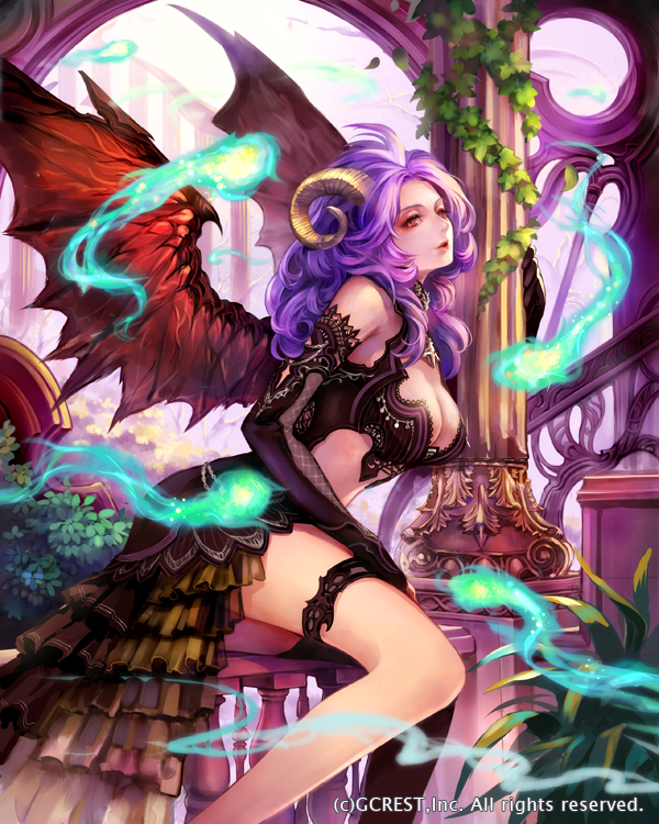 1girl blush breasts cleavage company_name demon_girl dragon's_shadow from_side horns konfuzikokon large_breasts long_hair looking_at_viewer official_art parted_lips purple_hair red_eyes sitting smile solo