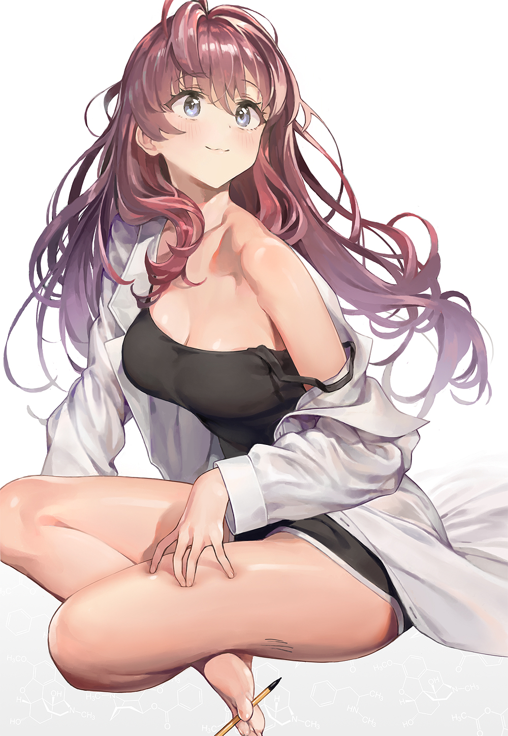 1girl ahoge ameyame bangs barefoot between_toes black_tank_top blue_eyes blush breasts brown_hair cleavage coat collarbone eyebrows_visible_through_hair eyelashes feet hand_on_thigh highres ichinose_shiki idolmaster idolmaster_cinderella_girls indian_style labcoat legs long_hair looking_up medium_breasts off_shoulder open_clothes open_coat pen simple_background sitting smile solo tank_top thighs toe_hold toes wavy_hair white_background