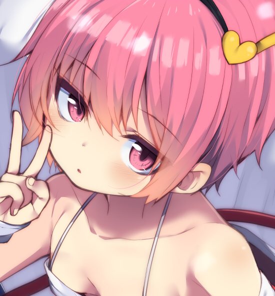 1girl bangs bare_shoulders blush breasts collarbone eyebrows_visible_through_hair hairband hand_up heart komeiji_satori looking_at_viewer nigo_(aozoragarou) parted_lips pink_eyes pink_hair short_hair small_breasts solo touhou upper_body v