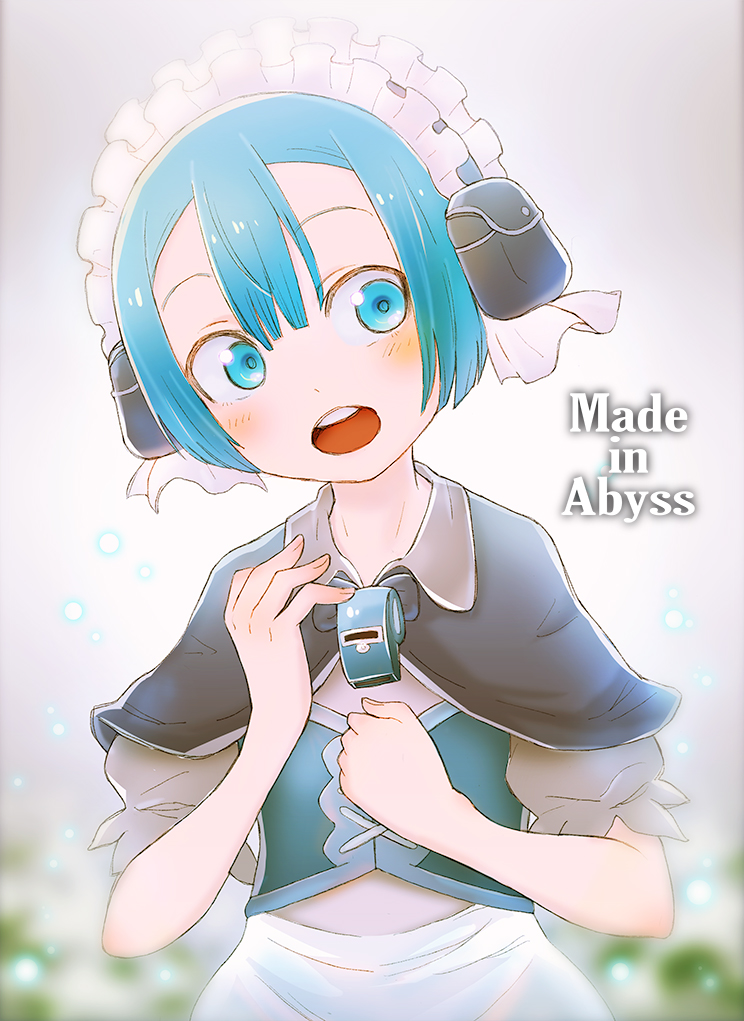1boy :o apron bangs bare_arms blue_eyes blue_hair blue_pupils blue_shirt blurry blush capelet copyright_name crossdressinging depth_of_field eyebrows facing_viewer fingernails frills hair_between_eyes hand_on_own_chest head_tilt headphones light_particles looking_away looking_to_the_side made_in_abyss maid_apron maid_headdress maruruk mushiki_k open_mouth pouch puffy_short_sleeves puffy_sleeves raised_eyebrows shiny shiny_hair shirt short_hair short_sleeves solo tareme teeth text tongue trap whistle white_apron